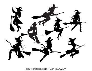 
Set of characters for Halloween,  silhouettes witches flying on a broomstick. 