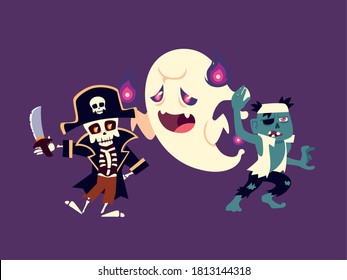 set of characters halloween skeleton, ghost and zombie vector illustration design