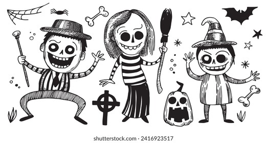 set of characters for Halloween in vintage style, sketch. cute scary witches, zombies and pumpkins, engraving