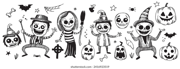 set of characters for Halloween in vintage style, sketch. cute scary witches, zombies and pumpkins, engraving