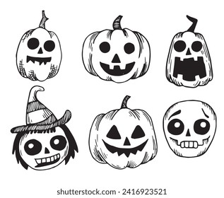 set of characters for Halloween in vintage style, sketch. cute scary witches, zombies and pumpkins, engraving