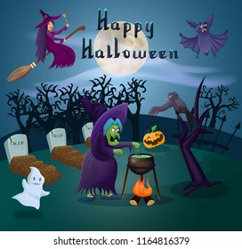 Set of characters for Halloween, witch, bat, ghost, witch, sorceress, potion, crows, grave, ominous pumpkin, moon, fence, lamp jack. Landscape design poster.