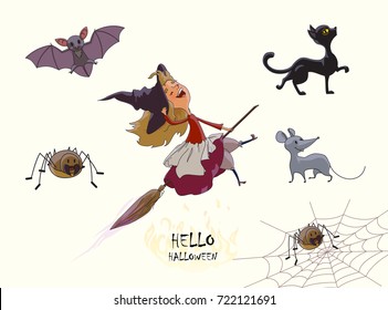 Set of characters for Halloween. Young cute witch flies on broom. Cat, spider, web, bat, mouse. Vector illustration of handmade isolated on white background.