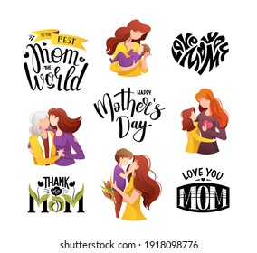 Set of characters and hand drawn lettering for Happy Mother's Day. Moms with their child. Isolated vector illustration for card, postcard, poster, banner.