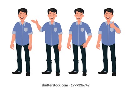 Set of characters a handsome man in casual clothes in different poses. Vector illustration in cartoon style