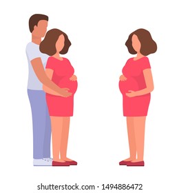 Set of characters. Happy pregnant woman and young couple. Pregnant wife and husband. Vector flat illustration of pretty girl expecting a baby holding a hand on her belly and man huggind her.