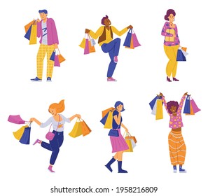 Set Of Characters Happy Shoppers With Lot Bags And Packages. People Buy During Crazy Sales, Discounts, Black Friday Or Cyber Monday. Flat Vector Illustrations Isolated On White.