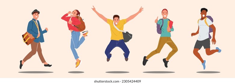 A set of characters of happy students jumping with their backpacks and textbooks. Students and female students laughing as they welcome the new school year, back to school. Cartoon vector illustration