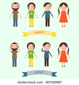 Set of characters with happy and upset emotions. Flat picture.