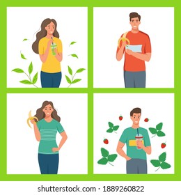 A set of characters of a healthy lifestyle. Young men and women eat fruit and drink smoothies. Flat cartoon vector illustration.
