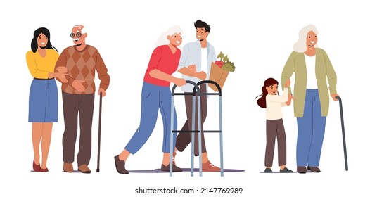 Set of Characters Help to Cross Road for Elderly People. Man, Woman and Little Girl City Dwellers Support Senior Pedestrian on Street with Traffic Jam, Old People Care. Cartoon Vector Illustration