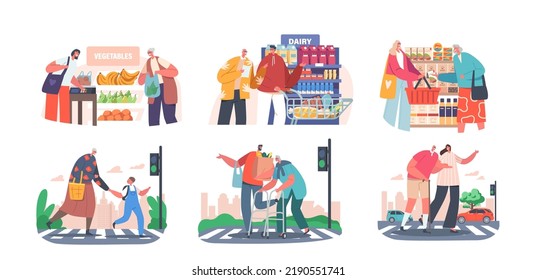 Set of Characters Help to Cross Road and Buying Grocery for Elderly People. Man, Woman and Little Boy Support Senior Pedestrian on Street with Traffic Jam, Old People Care. Cartoon Vector Illustration