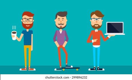 Set of characters - hipster boys. Flat illustration. Vector stock.