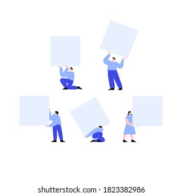 Conjunto de caracteres que contienen cartón cuadrado en blanco. Ilustración plana de hombres y mujeres sosteniendo papel blanco. Plantilla para su contenido.