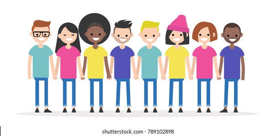 Set of characters holding each other's hands. Diversity conceptual illustration. Friends. Multiracial group of young people. Flat editable characters, clip art