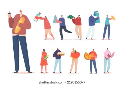 Set of Characters Holding Products. Men and Women with Eggs, Milk, Bread, Vegetable, Corn, Sausage, Water Isolated on White Background. People Buying Food and Grocery. Cartoon Vector Illustration