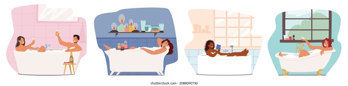 Establecer la higiene de los personajes, el procedimiento de lavado, la ducha en casa o el baño del hotel.La gente se bañará con velas y libros, el cuerpo de secado con una zona de jabón en la bañera. Ilustración del vector de dibujos animados