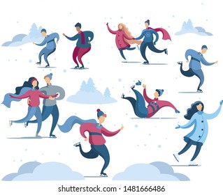 A set of characters ice-skating. Winter skating rink with people in fashionable blue and purple colors. Vector illustration in flat style.