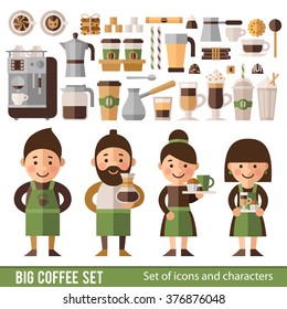 Set of characters and icons in flat style. Cafe employees, equipment cafes, drinks and desserts.