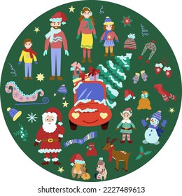 Set of characters and icons for New Year's holidays and Christmas. Happy family,  Santa Claus, Elf, deer, bags of gifts, car and sledge. illustration for a Christmas card in a flat style