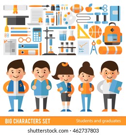 Set of characters and icons on education theme. Characters and objects back to school.