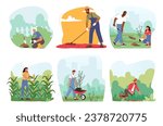 Set of Characters Immersed In Gardening, Hands In Soil, Nurturing and Harvesting Plants, Radiate Joy Amidst Nature. People Creating Serene Oasis Of Growth And Tranquility. Cartoon Vector Illustration