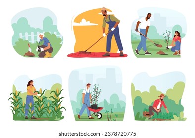 Conjunto de personajes inmersos en la jardinería, manos en el suelo, crianza y cosecha de plantas, irradian alegría en medio de la naturaleza. Gente Creando Un Oasis Sereno De Crecimiento Y Tranquilidad. Ilustración del vector de dibujos animados