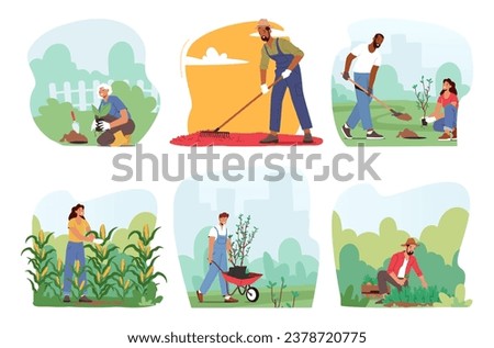 Set of Characters Immersed In Gardening, Hands In Soil, Nurturing and Harvesting Plants, Radiate Joy Amidst Nature. People Creating Serene Oasis Of Growth And Tranquility. Cartoon Vector Illustration