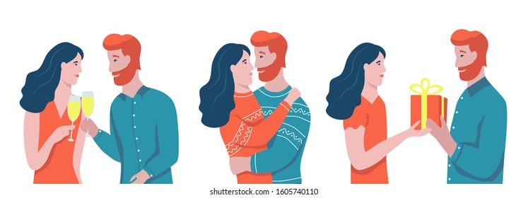 Set of characters isolated on white background. A couple in love hugs, gives gifts and drinks champagne. A man with a red beard and a woman with dark hair. Flat vector illustration.