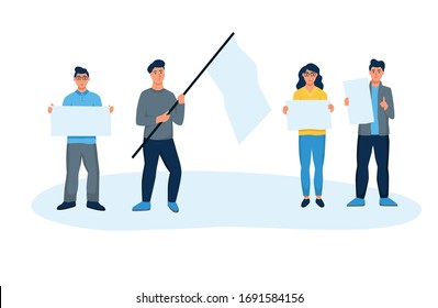 A set of characters isolated on a white background. Protest movement, single picket, political meeting, rally, parade. The character is an activist or protester. Flat cartoon vector illustration