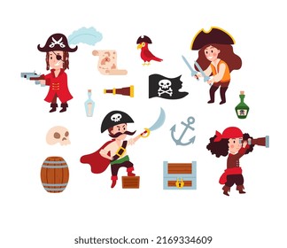 Set of characters and items for pirate adventures on a white background, vector flat illustration. Pirates, parrot, treasure, map, flag, anchor, bottle, skull