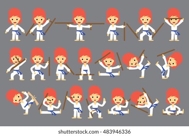 A set of characters a karate fighter holding a weapon. game assets, vector illustration.