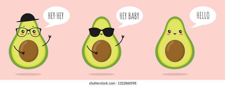 Set of Characters kawaii cute avocados in glasses and hat with a seed. Hello in bubble.  It can be used for sticker, patch, phone case, poster, t-shirt, mug and other design.