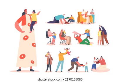Set of Characters with Kids, Parent, Mother, Father, Grandfather or Grandmother with Children, People Playing, Fooling, Walking, Fun and Rejoice, Happy Family Recreation. Cartoon Vector Illustration