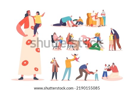 Set of Characters with Kids, Parent, Mother, Father, Grandfather or Grandmother with Children, People Playing, Fooling, Walking, Fun and Rejoice, Happy Family Recreation. Cartoon Vector Illustration
