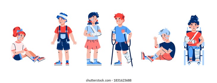 A set characters of kids with traumas, damages and injuries. Crying in pain, need of treatment sad children were injured in an accident. Vector illustration isolated on a white.