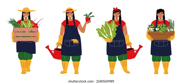 A set of characters as latina cute gardener. Smiling young woman carrying a box of vegetables. Dark-haired girl in a hat holding chinese cabbage and watering can. Happy female with flower pot