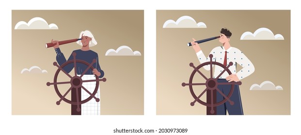 Set of characters with leadership qualities. Man and woman at wheel of ship hold telescope and look into future. Planning of company development. Cartoon flat vector collection on white background