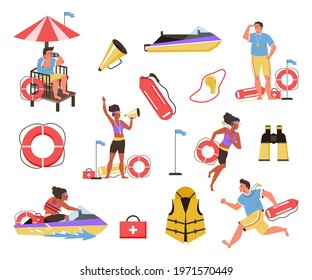 Set characters of lifeguards male and female characters working at beach. Beach lifeguards rescue team, flat vector illustration isolated on white background.