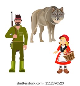 Set of characters from Little Red Riding Hood fairy tale. Vector illustration isolated on white background
