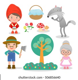 Set of characters from Little Red Riding Hood fairy tale on white background, Vector Illustration
