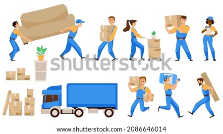 Set of characters of loaders or movers with cardboard boxes and furniture. Moving and delivery company employees, flat vector illustration isolated on white background.