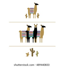Set of characters for logos: a golden llama, three llamas with bright ornamented poncho, cactus. Logo elements, logo design, vector.
