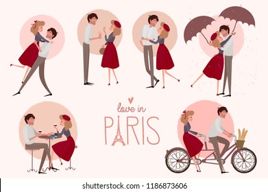 Set of characters. Love story in Paris with a lover couple in different poses. Editable vector illustration