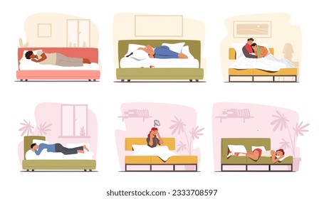 Set of Characters Lying In Bed, Creating A Cozy And Intimate Scene. Men and Women Resting, Cuddling, Crying And Sharing Moments Of Comfort And Relaxation. Cartoon People Vector Illustration