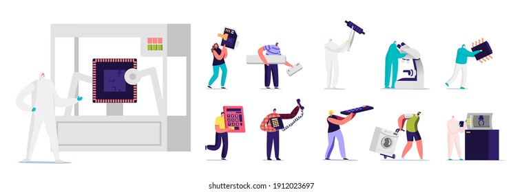 Set of Characters with Machinery. Tiny Men and Women with Huge Sim Card for Mobile Phone, Semiconductor, Calculator and Remote Control Isolated on White Background. Cartoon People Vector Illustration