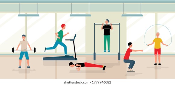 A set of characters of men doing sports training. People do exercises and gymnastics. Flat vector illustration of the men in the gym.