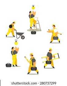 set characters of men dressed in working clothes in different poses on a white background