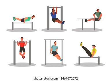 Set of characters -  Men taking physical activity. Training, street workout, exercises. Active sports in a city park on the playground. Flat style vector illustration.