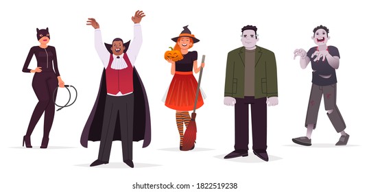 Set of characters men and women dressed in Halloween outfits on a white background. Cat girl, Dracula, witch, monster and zombie. Vector illustration in flat style